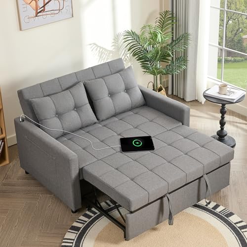 GOSUHI 52" 3-in-1 Convertible Sleeper Sofa Bed, Linen, Light Gray | Pull-Out Bed, Stepless Adjustable Backrest, Side Pocket, Compact Loveseat, Living Room, Dorm & Apartment - color: Light Gray