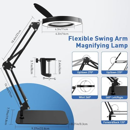 15X Magnifying Glass with Light & Stand,Real Glass,RTM Safety Protection,5 Colors Stepless Dimmable Eye-Caring LED,2-in-1 Hands-Free Desk & Clip-On Magnifier for Reading Crafts Painting & Repair