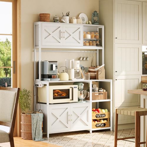 Huuger Large Bakers Rack with Power Outlet, Kitchen Microwave Stand with Cabinets, Coffee Bar Table Station with Storage, 6 S-Shaped Hooks, Mesh Shelves, 45 Inch Wooden Top, White - color: White