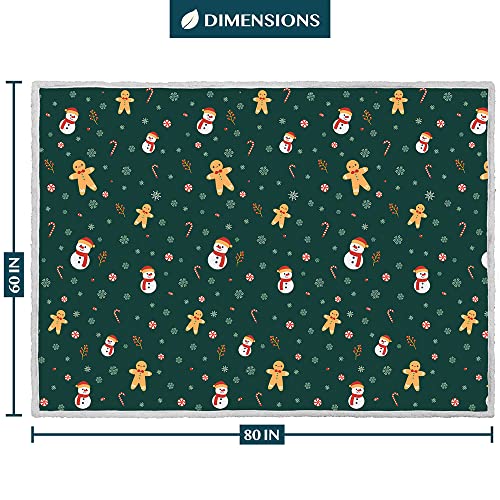 PAVILIA Green Christmas Sherpa Throw Blanket, Gingerbread Snowman Holiday Pattern, Soft Reversible Fleece & Sherpa 60x80 Winter Blanket for Couch & Bed, Cozy Christmas Decor - color: Green Gingerbread, size: 60 x 80 Inches