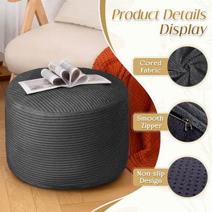 Round Ottoman Foot Rest Pouf for Living Room Couch - Soft Plush Hassock - color: Dark Grey