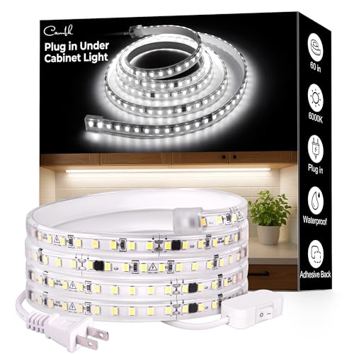 60inch Plug in Under Cabinet Lighting Strip for Kitchen, 120V Bright LED Under Counter Lights 6000k White Slim, Luces para Cocina Bajo Gabinete Under Shelf Wired Light for Sink/Workbench/Bookshelf - size: 60inch