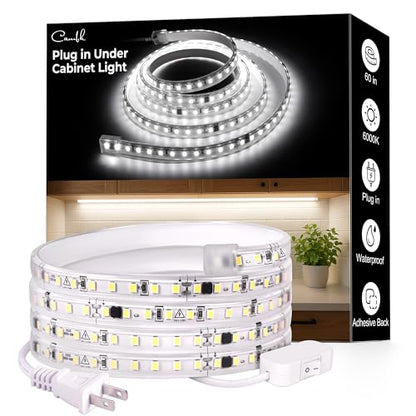 60inch Plug in Under Cabinet Lighting Strip for Kitchen, 120V Bright LED Under Counter Lights 6000k White Slim, Luces para Cocina Bajo Gabinete Under Shelf Wired Light for Sink/Workbench/Bookshelf - size: 60inch