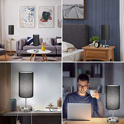 Black Touch Control Table Lamp Set of 2, with 2 USB Charging Ports&AC Outlet, 3-Way Dimmable Bedside Nightstand Lamps with Fabric Lampshade for Reading, Bedroom, Living Room, A19 LED Bulbs Included - color: Black