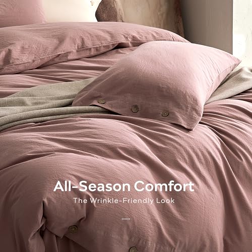 JELLYMONI 100% Washed Cotton Darker Rose Duvet Cover Full, Linen-Like | OEKO-TEX Certified, Soft, Breathable Percale Bedding with Natural Wrinkle Texture, Button Closure, 3-Piece Set, 80"x90" - color: 01- Darker Rose, size: Full(80"×90")