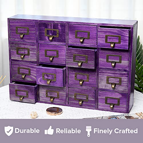 Purple 16-Slot Wooden Drawer Unit - Country Style Desk Organizer Box - 20"x3.6”x14” Wooden Storage Box w/ 16 Drawers - Countertop Drawers w/Label Holder & Handle - Slim 4-Level Organizer - color: 16 Drawer Plum Purple