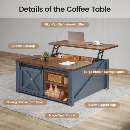 SEDETA 31.5" Lift Top Coffee Table with Storage, Square Coffee Tables for Living Room, Farmhouse Coffee Table with Large Hidden Storage Compartment and Adjustable Shelves, Blue - color: Blue