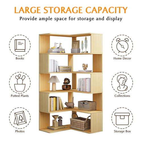 IOTXY 6-Tier L-Shaped Corner Bookshelf - 66" Tall Wooden Freestanding Bookcase with Open Shelf Units, Oak - color: Oak