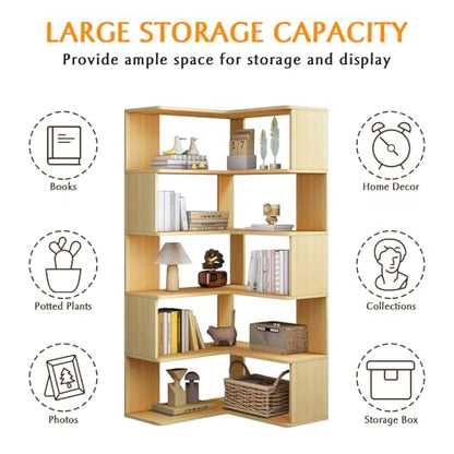 IOTXY 6-Tier L-Shaped Corner Bookshelf - 66" Tall Wooden Freestanding Bookcase with Open Shelf Units, Oak - color: Oak