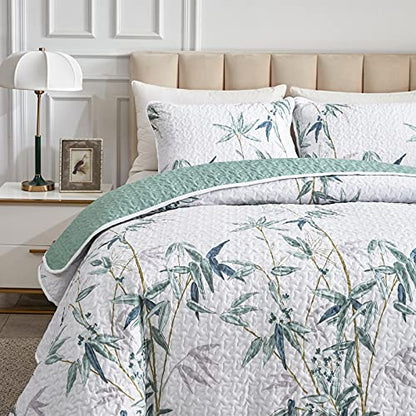Flysheep Botanical Quilt Set 2 Pieces Twin Size, Green Leaves Printed on White Reversible Bedspread Coverlet Set, Soft Microfiber Lightweight Bed Cover for Kids (68" x 86", 1 Quilt+ 1 Pillow Sham) - color: Green Leaves, size: Twin-68" x 86" (1 Quilt + 1 P