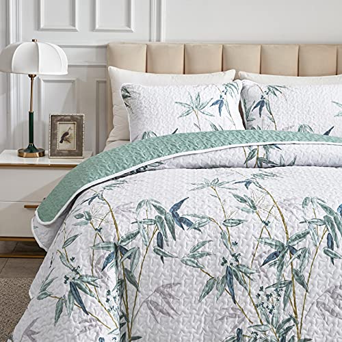 Botanical Quilt Set 3 Pieces King Size, Green Leaves Printed on White Reversible Bedspread Coverlet Set, Soft Microfiber Lightweight Bed Cover for All Season (102" x 90", 1 Quilt+ 2 Pillow Shams) - color: Green Leaves, size: King-102"x90" (1 Quilt + 2 Pil