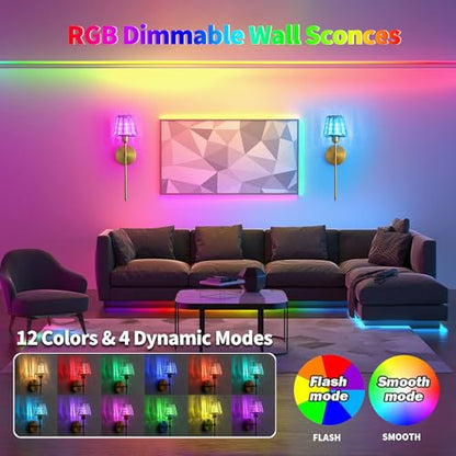 Battery Operated Crystal Wall Sconce Set of 2, Gold Rechargeable Wireless Wall Sconces with Remote Dimmable 12 Colors Modes Led Wall Lights, Wall Lamp for Bedroom Living Room Hallway, 2 Bulbs Included - color: Gold