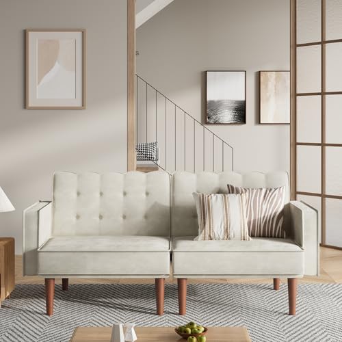 Furnify 71" Velvet Futon Sofa Bed, Versatile Loveseat Couch, Sleeper Sofa with Adjustable Backrest, Mid Century Modern Futon Couch for Small Space, Living Room, Office & Apartment, Velvet Fabric Beige - color: Beige