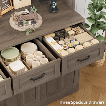 HOSTACK Kitchen Pantry Storage Cabinet, Kitchen Hutch Cabinet, Ash Gray | 47"W Food Pantry Cabinet with Smart LED / Charging Station / Countertop / 3 Large Drawers, 72"H Storage Hutch for Dining Room - color: Ash Gray
