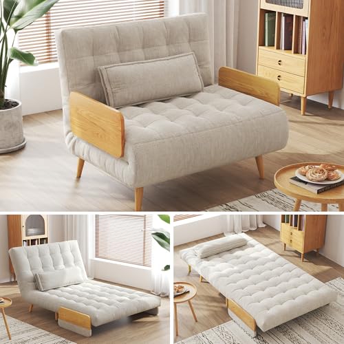 JASIWAY Convertible Sofa Chair Bed, 37" Mid-Century Sleeper for Adults | 3 in 1 Futon Chair that Turns Into Bed, Guest Bed for Small Spaces, Adjustable Backrest, Throw Pillow, Ergonomic, Linen - color: Mid-century Beige, size: 36.6" W Sleeper Chair