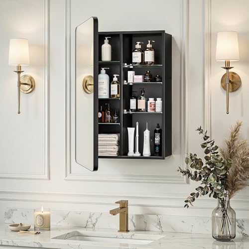 20x26 Black Medicine Cabinet with Mirror, Recessed & Surface Mount | Bathroom mirror with storage: 6 adjustable shelves fit tall bottles; DTC soft-close hinges; rust-resistant aluminum - size: 20" x 26"
