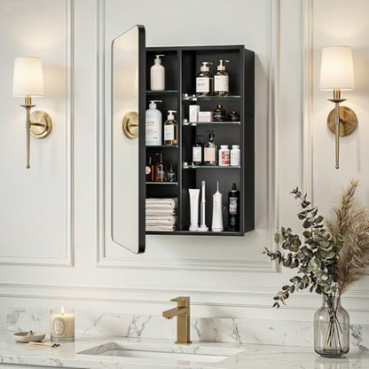 20x26 Black Medicine Cabinet with Mirror, Recessed & Surface Mount | Bathroom mirror with storage: 6 adjustable shelves fit tall bottles; DTC soft-close hinges; rust-resistant aluminum - size: 20" x 26"