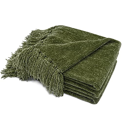 RECYCO Chenille Throw Blanket for Couch, 50"x60", Loden Green | Super Soft Knit Throw Blanket with Fringe Tassels, Lightweight Knitted Throw, Cozy, Ideal for Sofa Chair Bed Living Room Gift - color: Loden Green, size: 50'' X 60''