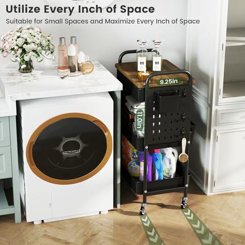 3-Tier Rolling Cart, Metal Rolling Storage Cart with Wooden Table Top & DIY Pegboards, Storage Cart with Wheels, Hooks & Hanging Cups, Storage Organizer Cart Craft Art Cart, Black