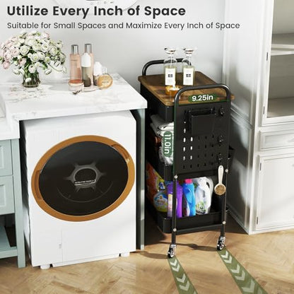 3-Tier Rolling Cart, Metal Rolling Storage Cart with Wooden Table Top & DIY Pegboards, Storage Cart with Wheels, Hooks & Hanging Cups, Storage Organizer Cart Craft Art Cart, Black