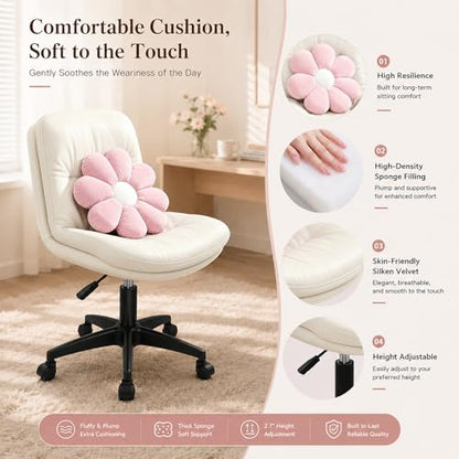 Vanity Chair with Back, Armless office Chair with wheels and Lumbar support, Comfy PU Leather Desk Computer Chairs with Adjustable Height, 360°Swivel for Home Office, Computer Desk & Vanity Beige - color: White