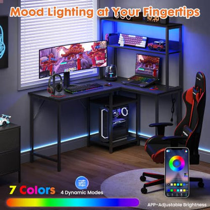 Sweetcrispy 43" Computer Desk, L Shaped Corner Gaming Desk, Power Outlet | Reversible Corner Computer Table, Adjustable Shelf CPU Stand, CPU Stand Hook, Home Office, Black - size: 43 Inch