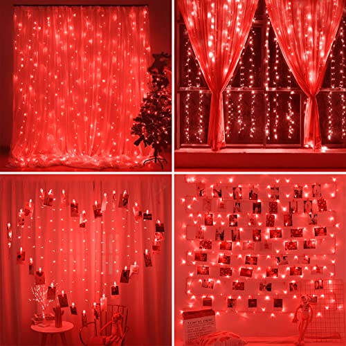 SUNNEST LED Curtain Lights Christmas, 300 LEDs 9.8FT x 9.8FT USB Curtain String Light with 8 Lighting Modes Wall Lights with Remote Control, Twinkle Light for Bedroom Decoration (Red)