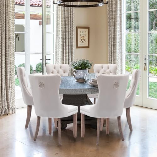 Velvet Upholstered Dining Chairs Set of 6, Modern Style Kitchen Side Chairs with Nailhead Trim and Wood Legs,Metal Pulling Ring for Dining Room Living Room(Beige,Set of 6) - color: Beige, size: Set of 6