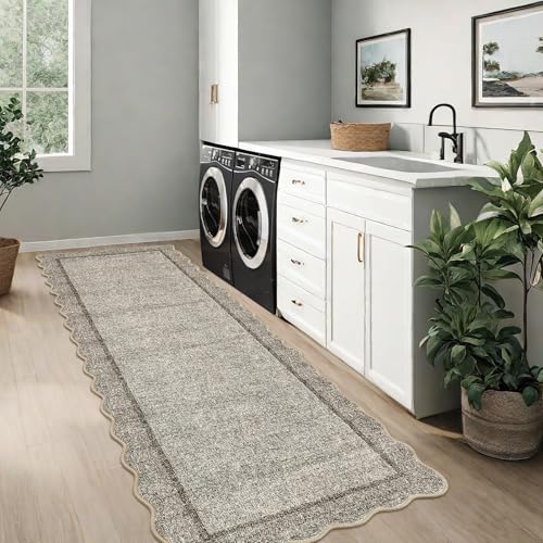 GarveeHome Scalloped Washable Runner Rug 2x8 Modern Non Slip Kitchen Runner | Distressed Low Pile Entryway Rug Soft Bathroom Rugs Stain Resistant Carpet for Bedroom Hallway Laundry 2'x8' Brown - color: Brown, size: 2' x 8' (Runner)