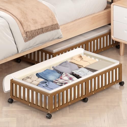 2 Pack Large Bamboo Under Bed Storage Containers with Wheels, Brown | Underbed Drawer Storage with Bag, Wood Rolling Underbed Organizer for Shoes, Sheets Clothes Blanket Comforter, Under Crib Toy - color: Brown, size: 2 PCS (33.07"×16.54")