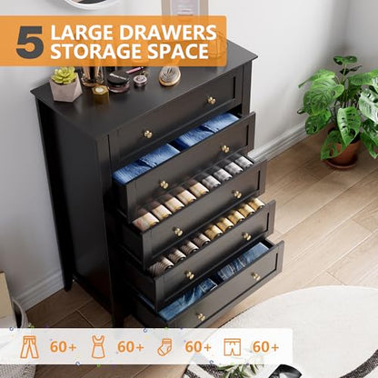IDEALHOUSE 5 Chest of Drawer Dresser, Modern Wood Organizer Dresser Storage Cabinet with Drawers for Bedroom, Living Room, Entryway, Black | Simply 5 Drawer Dresser for Hallway Entryway, 15.8"D x 31.5"W x 42.5"H, Lacquered Storage Organizer for Living Roo