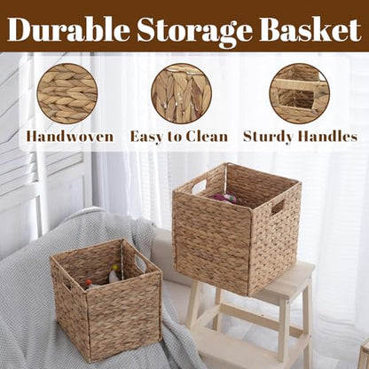 Wicker Storage Baskets, Foldable Cube Bins, 11.2 Inch, 4-Pack | 4-pack foldable 11.2" water hyacinth wicker cube baskets; collapsible storage bins for shelves, closets, offices and home. - size: 4PC, style: Foldable