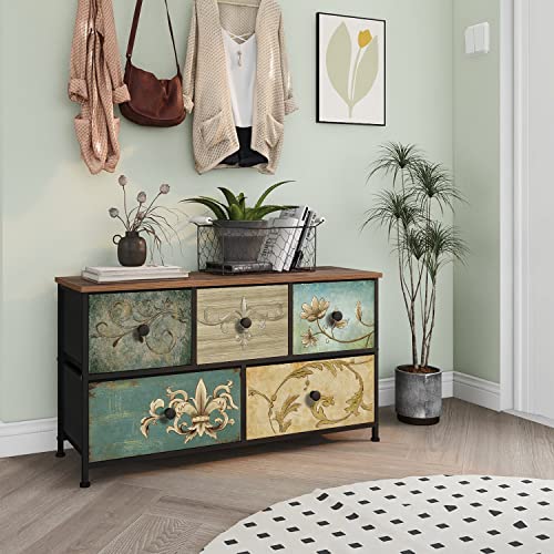Dresser with Drawers for Bedroom Chest of Drawers Fabric Dresser for Closet,Nursery Entryway Hall Tree TV Stand for Living Room Retro Floral Pattern Drawers Wooden Top (5 Drawers) - size: 11.8"D x 39"W x 21.5"H (5 Drawers)
