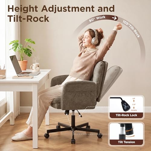 FiveWillowise Cross Legged Office Chair with Flip-up Arms&Low Back,Brown | Criss Cross Chair With Thicken Wide Seat,Lounge Makeup Vanity Chairs with Side Pockets,Comfy Home Office Desk Chair,Chenille - color: Brown
