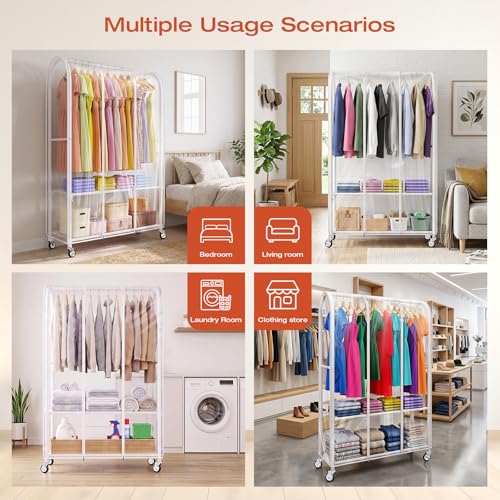 Univivi Rolling Clothes Rack with Clear Dust Cover and Bottom Storage Shelf | Heavy-Duty Metal Frame Clothing Rack, Clear Dustproof Cover, 360° Rotation Wheels, Portable Closet for Bedroom, Laundry Room - color: White Rack with Clear Cover