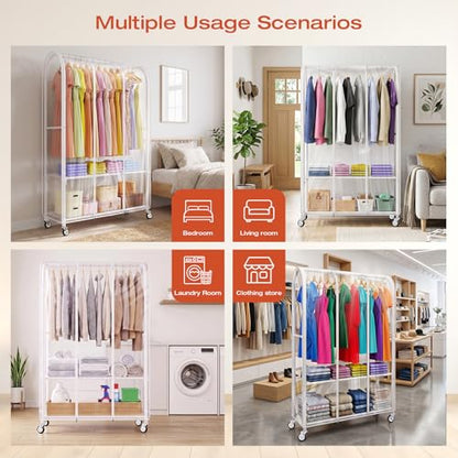 Univivi Rolling Clothes Rack with Clear Dust Cover and Bottom Storage Shelf | Heavy-Duty Metal Frame Clothing Rack, Clear Dustproof Cover, 360° Rotation Wheels, Portable Closet for Bedroom, Laundry Room - color: White Rack with Clear Cover