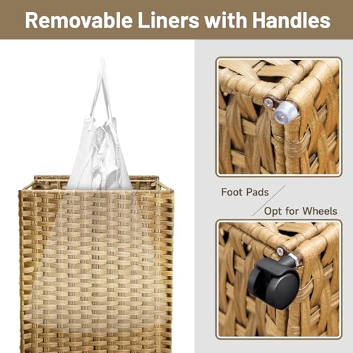 70L Slim Laundry Hamper with Lid & Wheels, 2-Park Rolling Laundry Basket with 4 Removable Liner Bags & 3 Mesh Bags, Narrow Dirty Clothes Basket, Foldable Handwoven Rattan Laundry Sorter, Natural - color: Natural