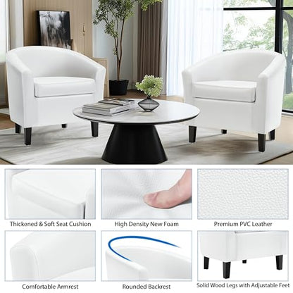 Yaheetech Accent Chairs Set of 2, Faux Leather Barrel Armchairs White | Water-resistant Faux Leather Chairs with High-density Foam and Solid Wood Legs for Living Room, Waiting Room, Small Space - color: White(faux Leather), style: without Ottoman