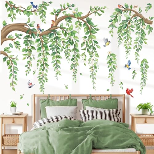 wondever Tree Branch Wall Decals Hanging Green Leaves Wall Stickers (XL) | Peel and Stick, Removable, Wall Art Decals, Wall Decoration, Living Room Bedroom, Office Sofa TV Home Wall Decor