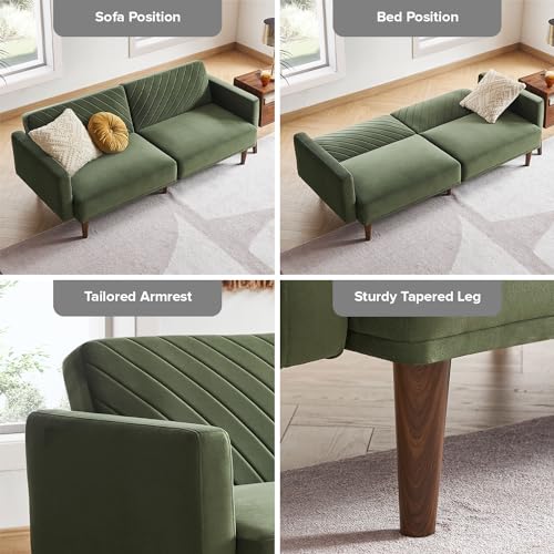 mopio 76.4" Futon Sofa Bed Chevron Styled, Sleeper Couch (Olive Green Velvet) - color: Olive Green Premium Velvet