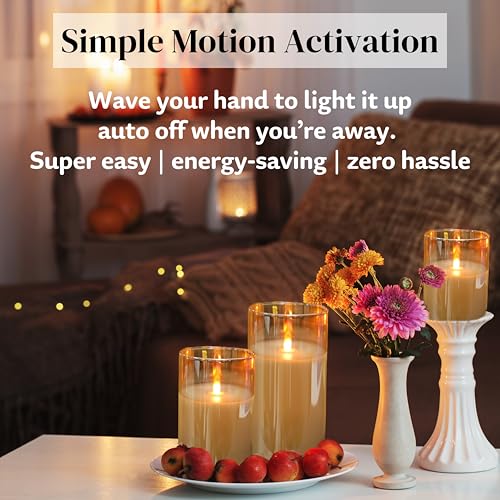 Two Months Rechargeable Motion Sensor Flameless Candle, Auto Switch On/Off | Rechargeable Pillar Fake Candles with Remote, Warm Color for Halloween, Christmas, Home Fall Decor, Ideal Gift for Women - color: 3PCs-Amber Motion Sensor