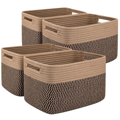 OIAHOMY 4 Pack Storage Basket, 13"x9"x7.8" Cotton Rope Baskets for Shelves, Closet Organizer for Bedroom & Living Room, Soft Decorative Bins for Organizing Towels, Books & Toys, Brown & Black - color: Brown & Black