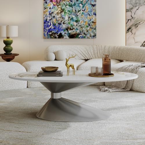 49.2" Oval Marble Coffee Table with Silver Stainless Steel Base, Luxury Sintered Stone Top Center Cocktail Tea Tables for Living Room,Easy Assembly - color: Style 4: Silver Base