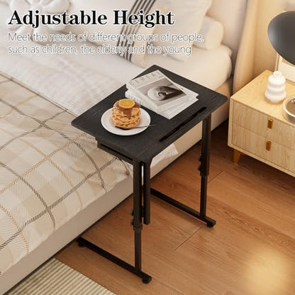 Adjustable Height Tv Tray Table,Portable Folding Tv Tray Dinner Snack Trays Table,Small Foldable C-Shaped End Table for Eating,Slide Under Couch Side with Sturdy MDF Top,No Assembly(Black+Black) - color: Black+black