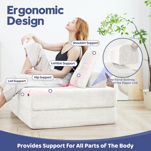 Convertible Floor Couch,NoWall Needed Sleeper Lounger Space-Saving | Convertible couch provides ample guest resting space.Detachable washable cover maintains long-term freshness and cleanliness. - color: Creamy Apricot, size: Twin