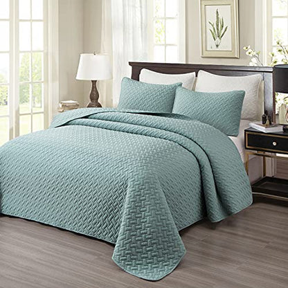 EMME Quilts Queen Size Bedding Sets, Lake Blue Bedspread Soft Lightweight Pre-Washed Quilt, 3 Piece Cozy Reversible Microfiber Coverlet with Pillow Sham (Basket Weave,90"x90") - color: 10-lake Blue (Basket Weave), size: Full/Queen(90" x 90")