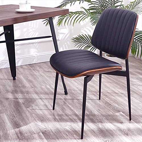 LUNLING Dining Chairs Set of 2 Mid Century Modern Retro Faux Leather Chair with Walnut Bentwood Upholstered Seat Metal Legs Chairs,Adjustable Foot for Kitchen Dining Room Chairs(Black) - color: Black, size: Set of 2