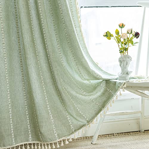 Deeprove Green Boho Curtains 96 Inches Long for Bedroom Living Room, Cotton Linen Stripes Embroidery Weighted, Vintage Bohemian Farmhouse Window Treatment Drape Tassels 1 Panel W52 x L96 Sage - color: Sage Green, size: 52"W x 96"L (Pack of 1)