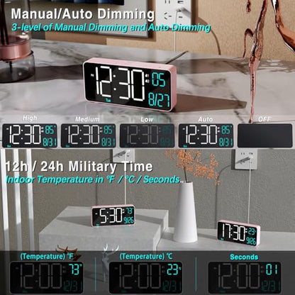 Alarm Clocks for Bedrooms, 6.7in Small Digital Clock, Auto Dimming, Room Temperature, Day of The Week, Date, Seconds, Digital Clocks for Living Room, Alarm Clock - color: Pink (White + Blue Digits)