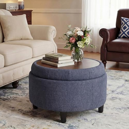 COLAMY Round Hidden Storage Ottoman with Reversible Tray Lid – Multi-Functional Footrest, Sturdy & Stylish Fabric Coffee Table for Living Room, Bedroom, or Entryway, Blue - color: Blue